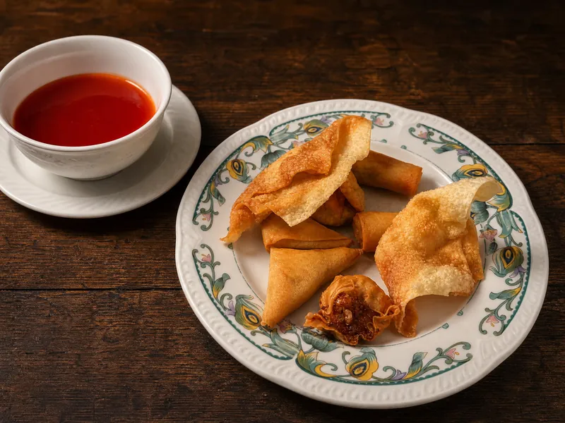Vorspeisenteller mit Wan Tan, Mini-Loempia, Curry Kok und Sieu Mei, Nr. 17